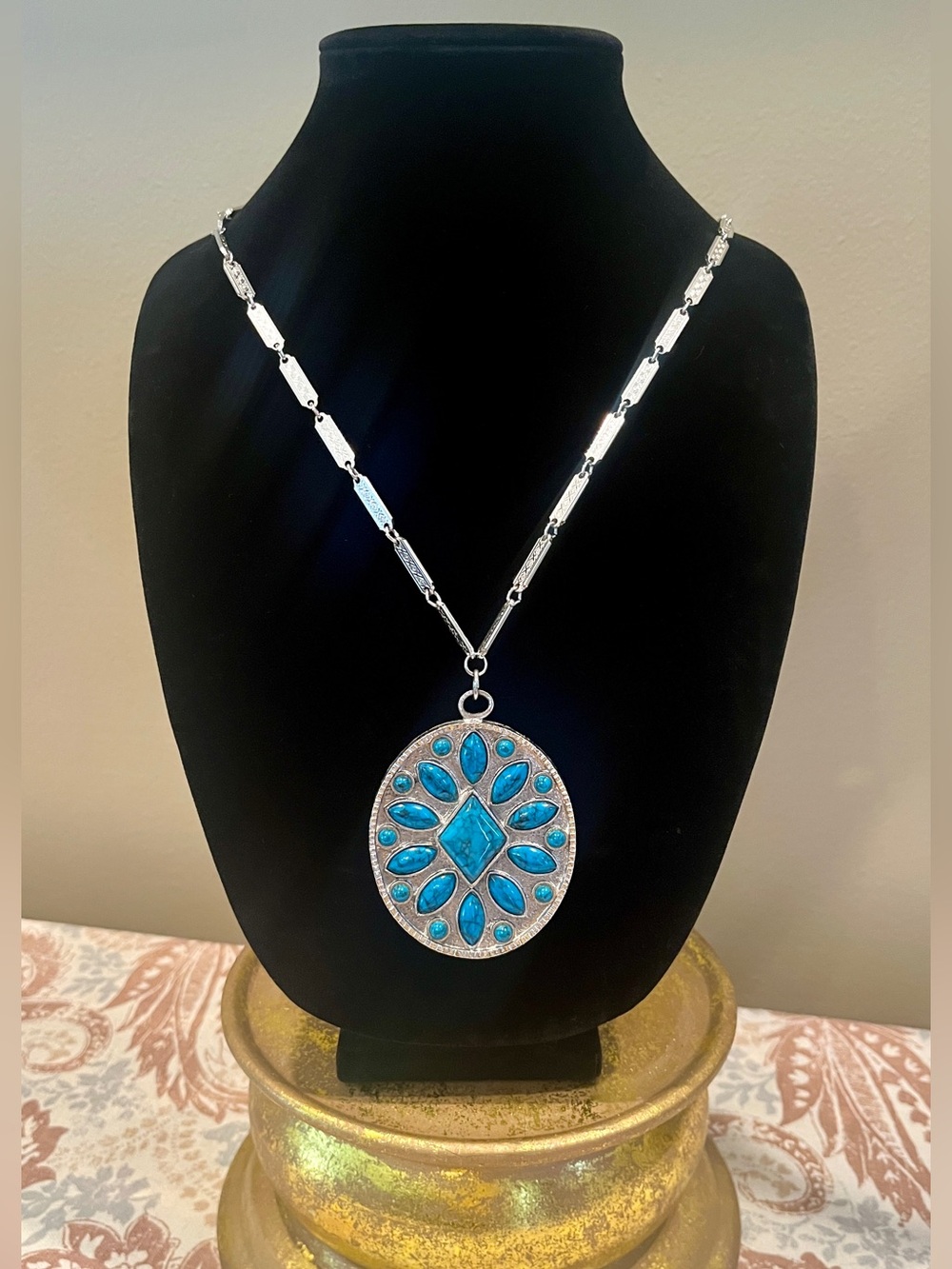 1970’s Whiting & Davis Silver-Tone Necklace with Turquoise Lucite Pendant
